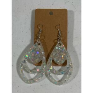 Handmade epoxy resin dangle earrings - translucent white‎ w/ iridescent glitter